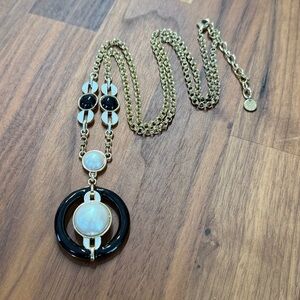 Talbots Mid Century Modern Black Enamel Faux Pearl Retro Long Statement Necklace